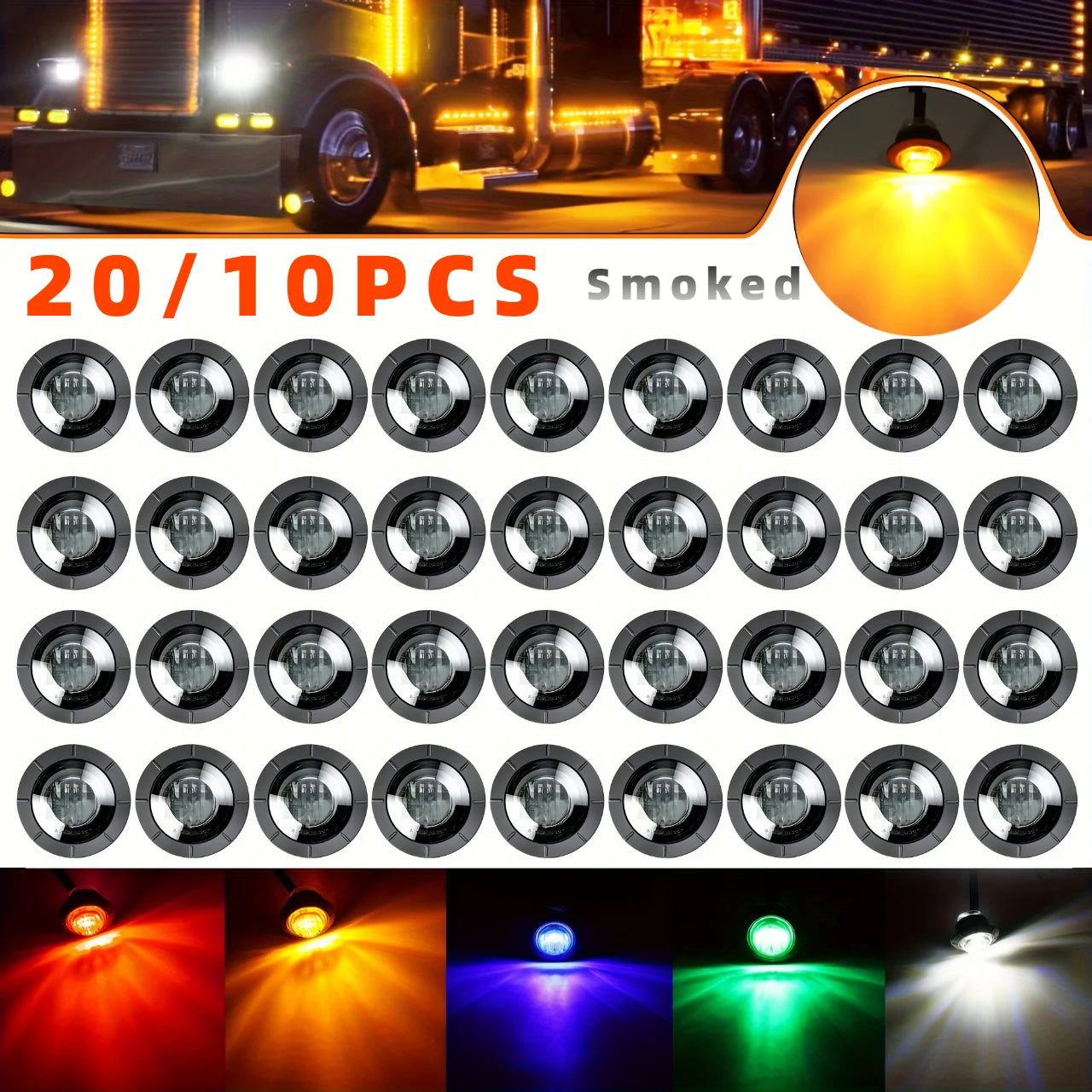 10/20PCS Smoked 12V Mini Round LED Side Marker Lights