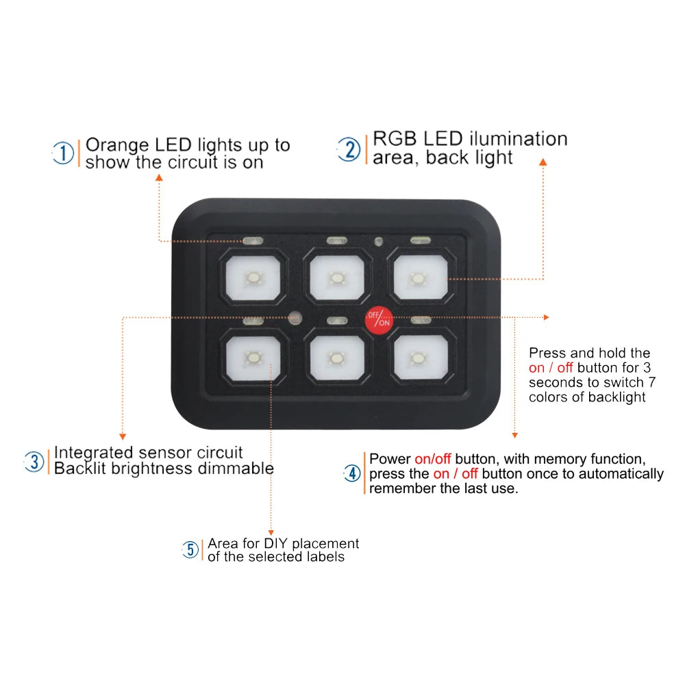 12V-24V LED 6 Gang Switch Panel 600W-1200W